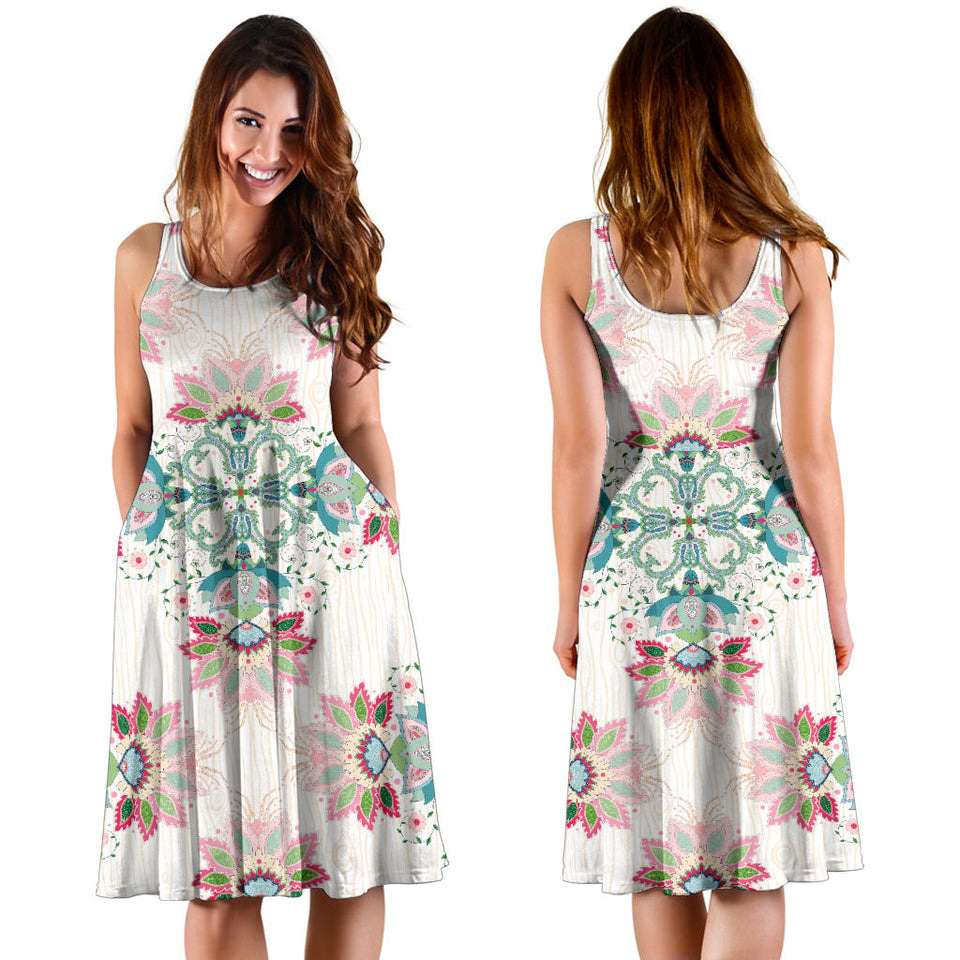 Square Floral Indian Flower Pattern Sleeveless Midi Dress