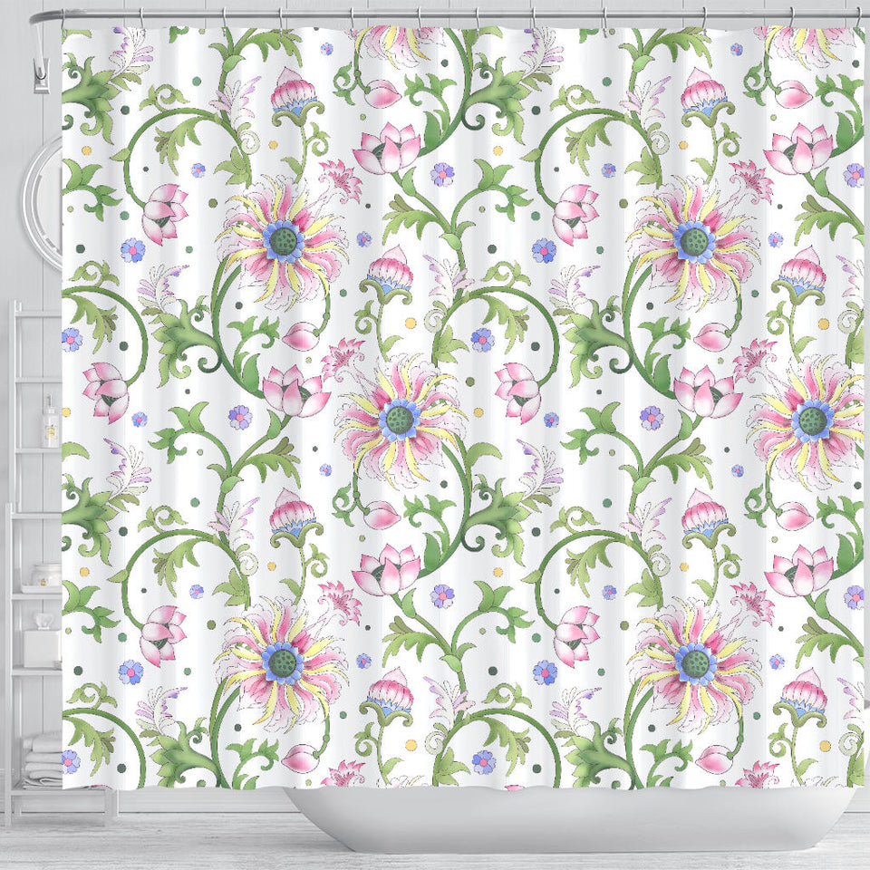 Beautiful Pink Lotus Waterlily Leaves Pattern Shower Curtain Fulfilled In US