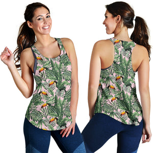 Toucan tropical green jungle palm pattern Women Racerback Tank Top