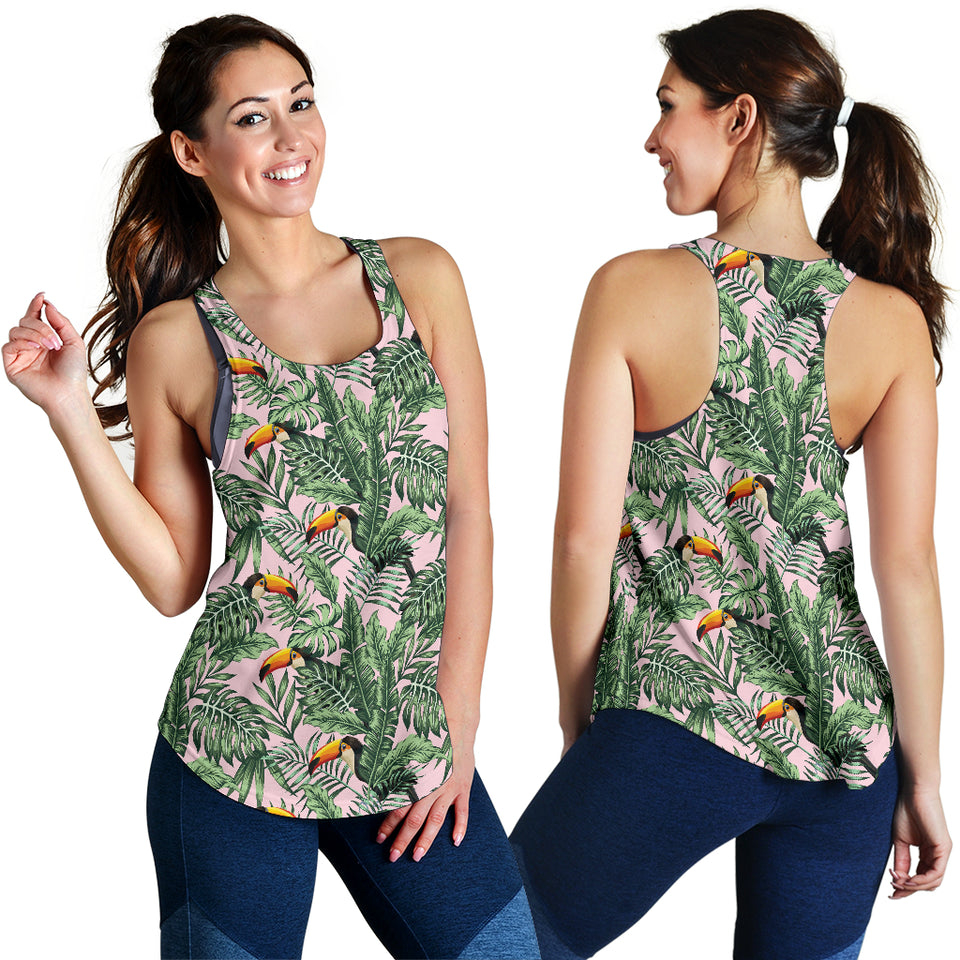 Toucan tropical green jungle palm pattern Women Racerback Tank Top