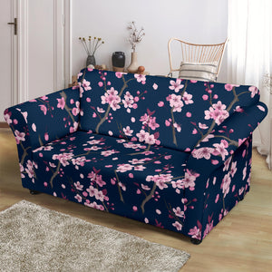 Pink Sakura Cherry Blossom Blue Background Loveseat Couch Slipcover