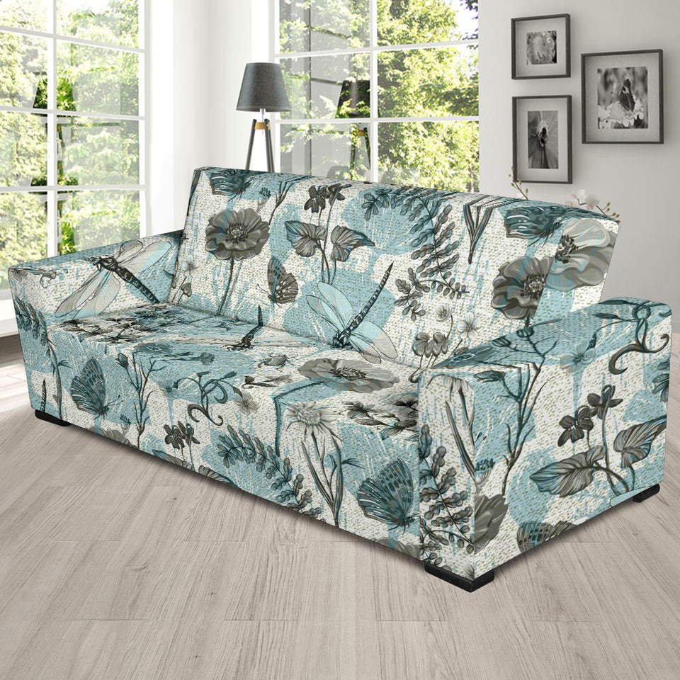 Dragonfly Butterfly Plants Insect Flower Vintage Style Pattern Sofa Slipcover