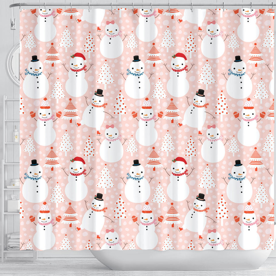 Cute Snowman Christmas Tree Snowpink Background Shower Curtain Fulfilled In US