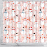 Cute Snowman Christmas Tree Snowpink Background Shower Curtain Fulfilled In US