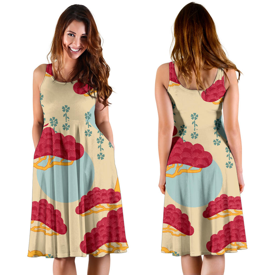 Red Bonsai Gray Sun Japanese Pattern Sleeveless Midi Dress