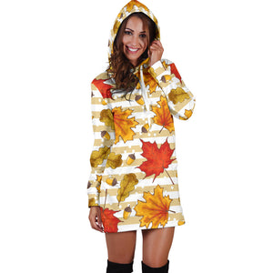 Maple Leaf Oak Leaf Acorns Beige Striped Background Women'S Hoodie Dress
