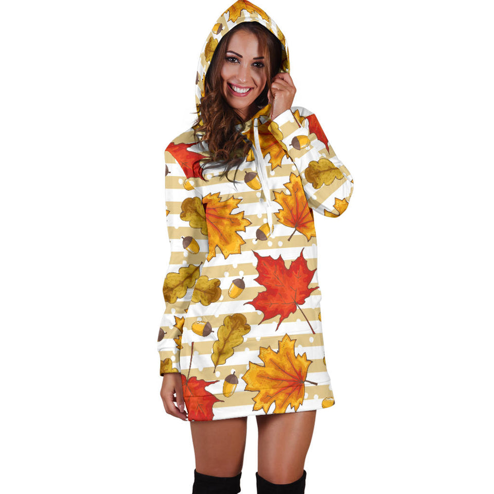 Maple Leaf Oak Leaf Acorns Beige Striped Background Women'S Hoodie Dress