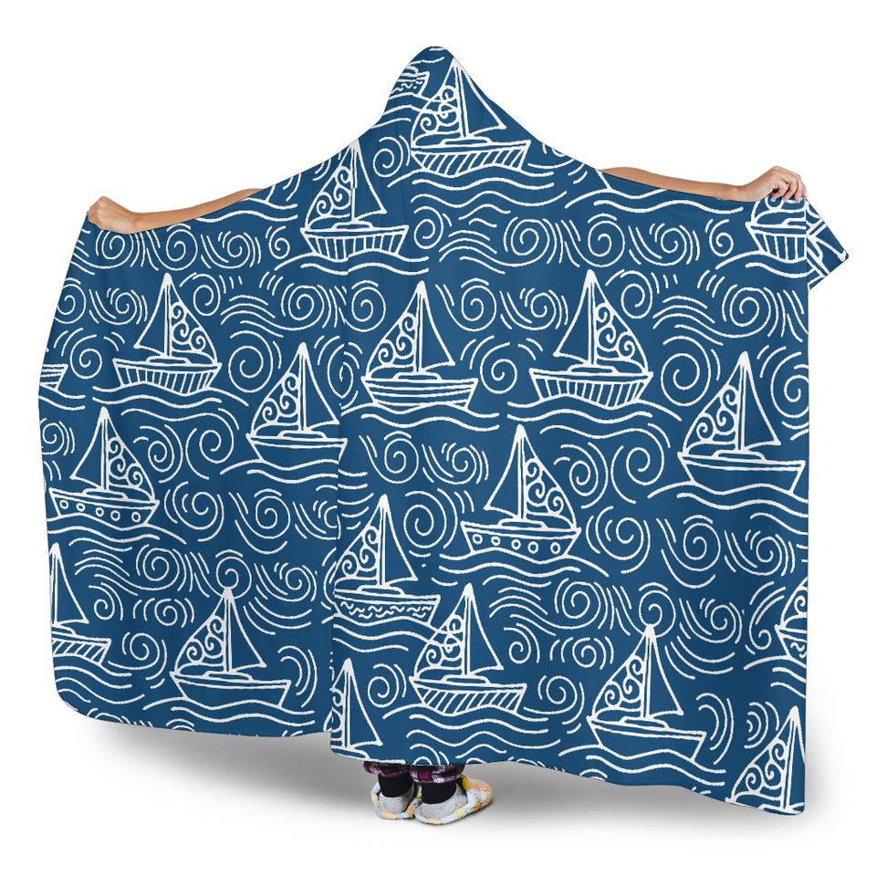 Hand Drawn Sailboat Pattern Hooded Blanket