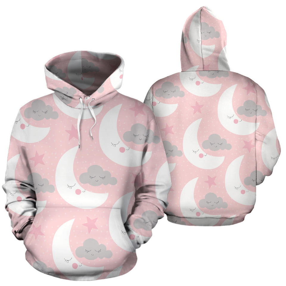 Cute Moon Cloud Star Pattern Pink Dot Background Men Women Pullover Hoodie