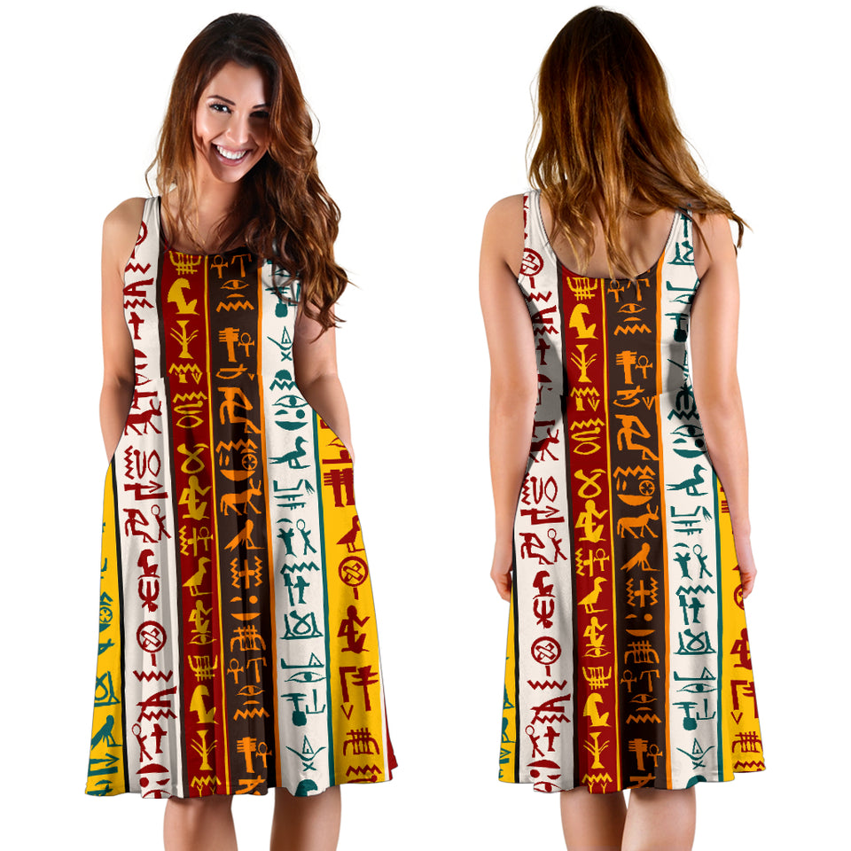 Egypt Hieroglyphics Pattern Print Design 01 Sleeveless Midi Dress
