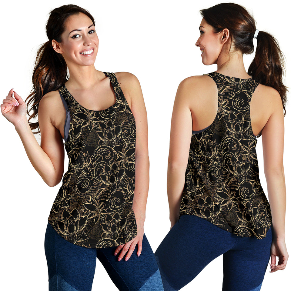 luxurious gold lotus waterlily black background Women Racerback Tank Top
