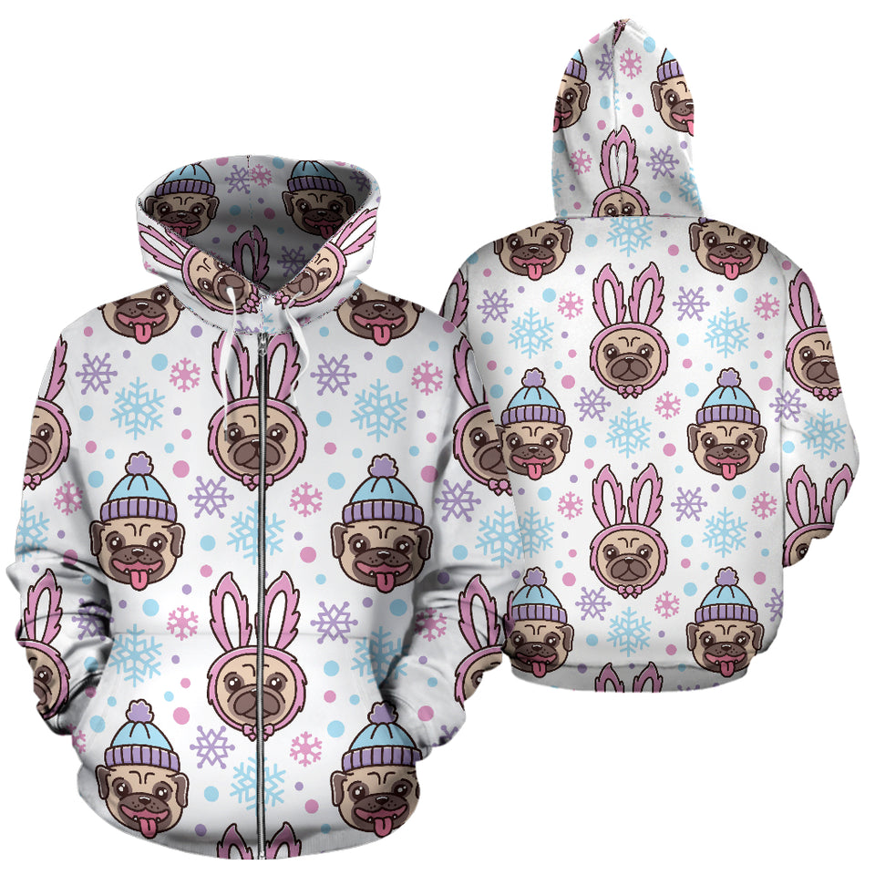 Cute Pug Hat Rabbit Costume Pattern Zip Up Hoodie