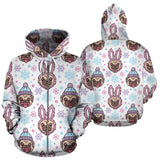 Cute Pug Hat Rabbit Costume Pattern Zip Up Hoodie