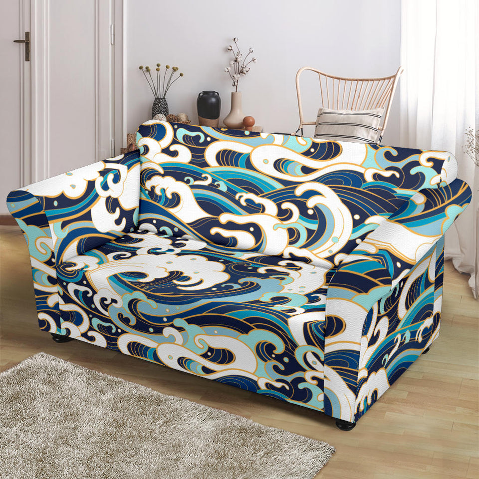 Japanese Wave Pattern Loveseat Couch Slipcover