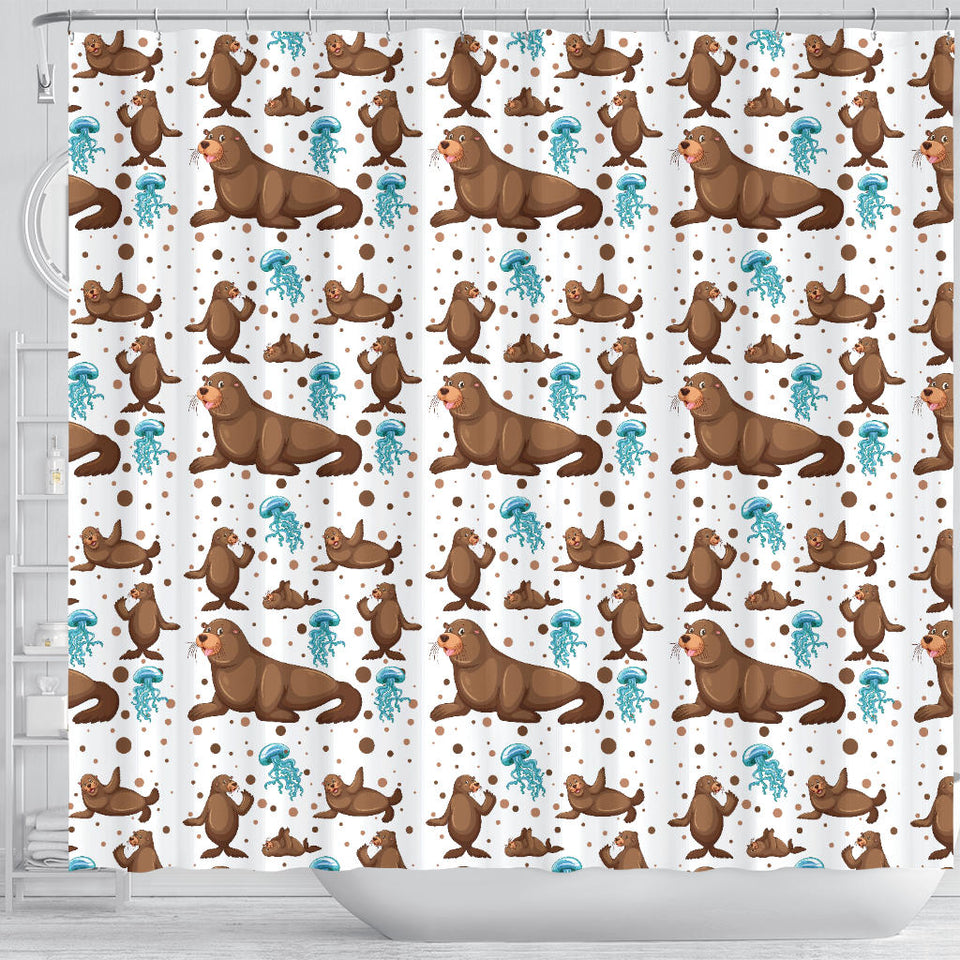 Sea Lion Seals Jellyfish Pattern Shower Curtain Fulfilled In US
