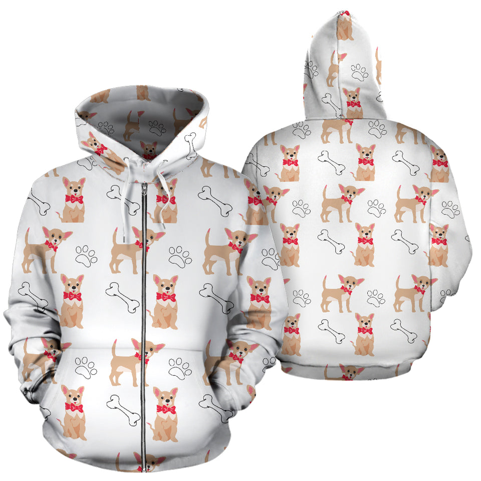 Chihuahua Bone Paw Pattern Zip Up Hoodie