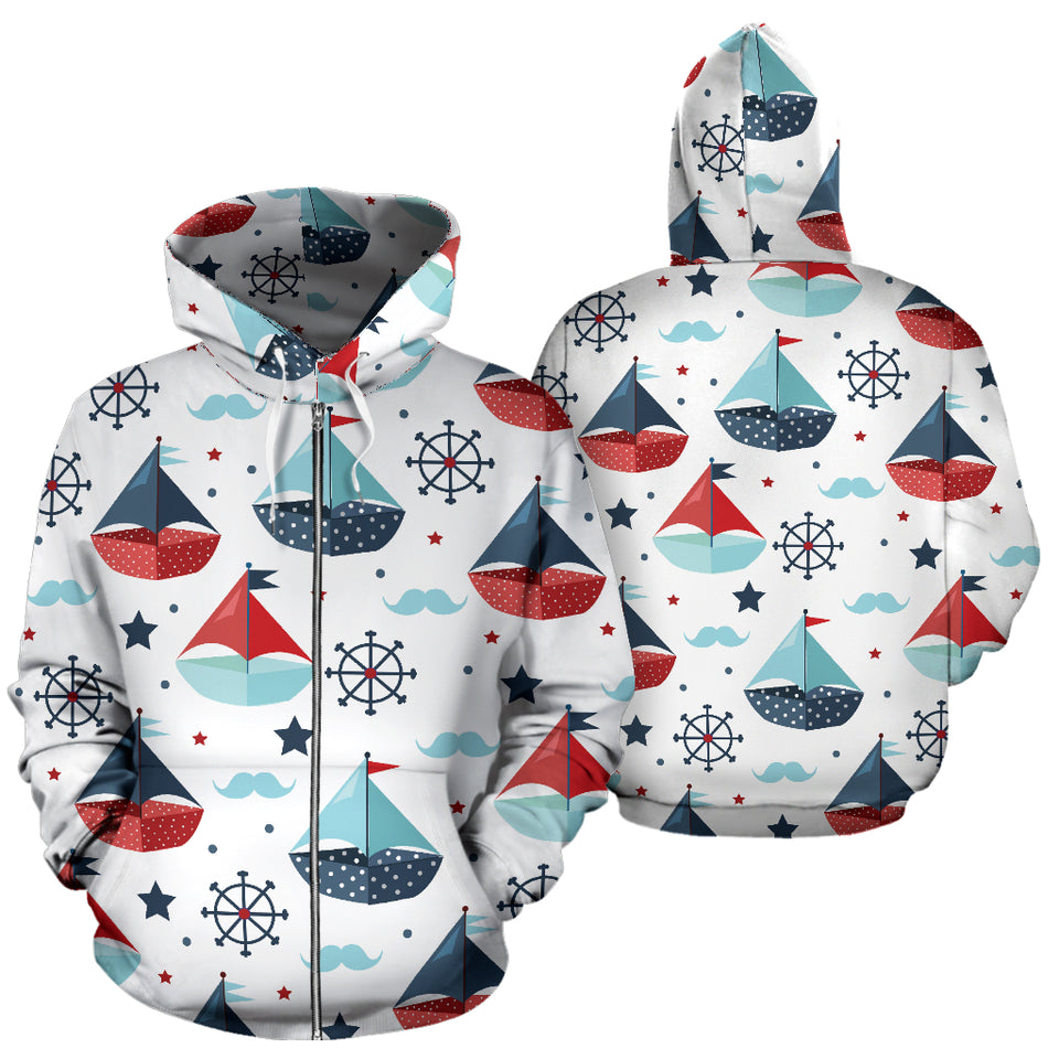 Cute Color Paper Sailboat Pattern Zip Up Hoodie
