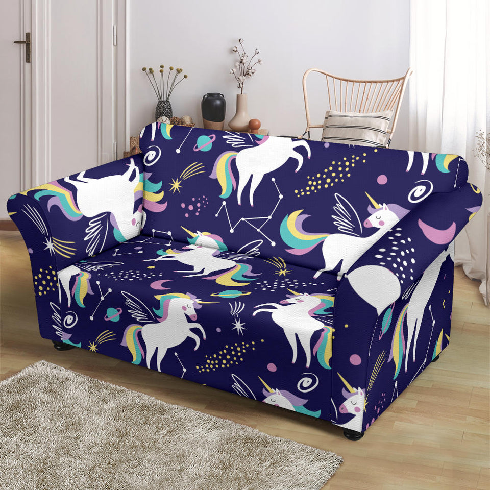 Hand Drawn Cute Unicorn Star Planet Loveseat Couch Slipcover