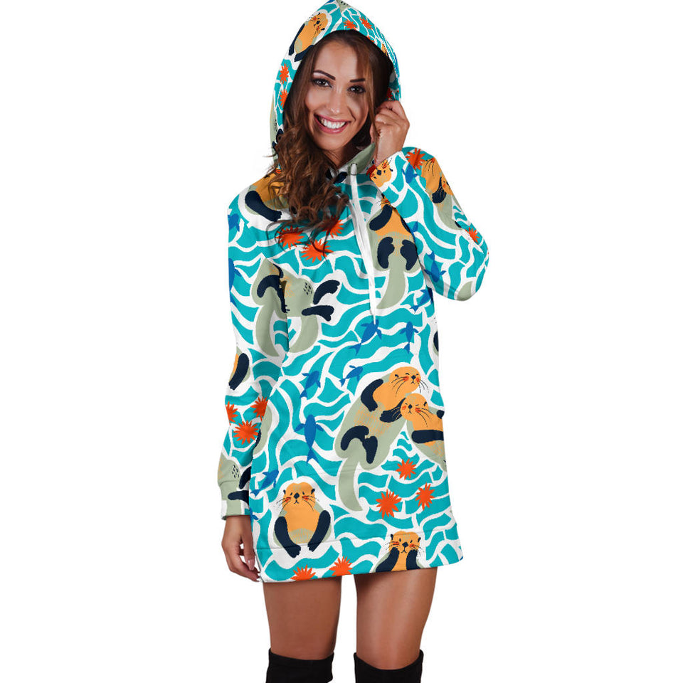 Cute Sea Otters Fishe Sea Urchin Pattern Women'S Hoodie Dress