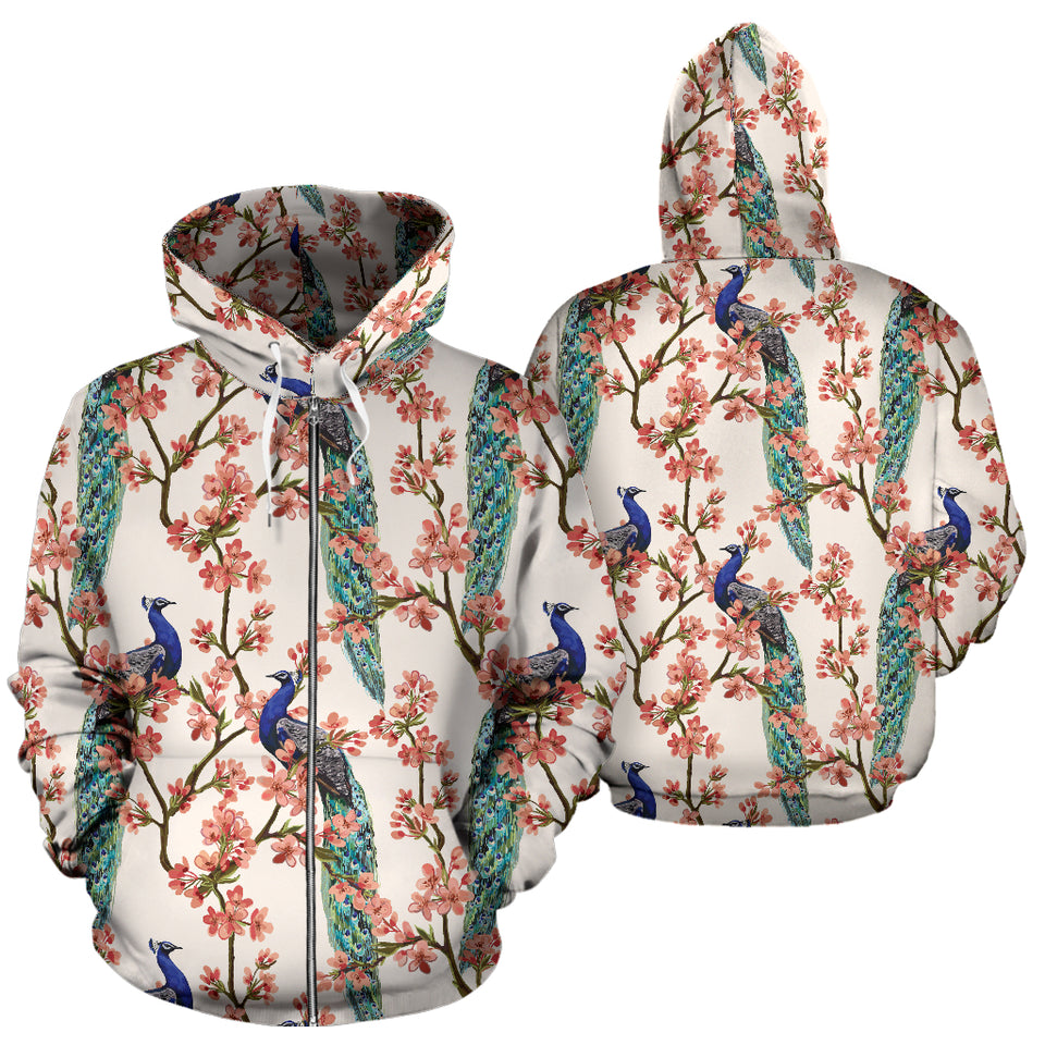 Peacock Tropical Flower Pattern Zip Up Hoodie