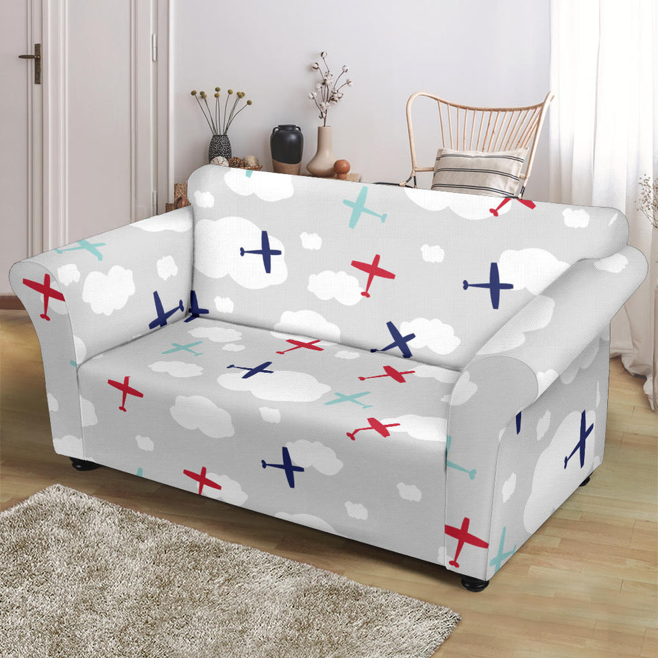 Airplane Cloud Grey Background Loveseat Couch Slipcover