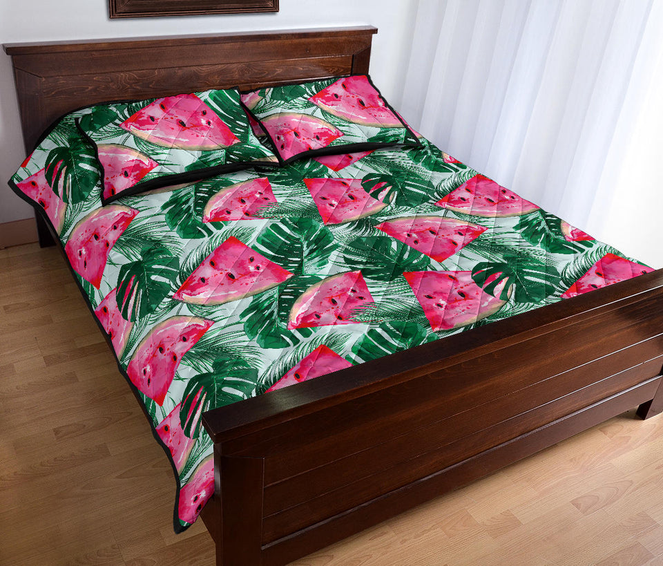Watermelons tropical palm leaves pattern Quilt Bed Set