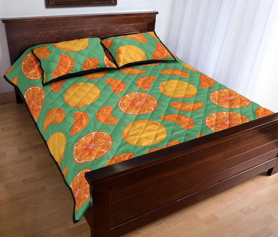 orange fruit pattern green background Quilt Bed Set