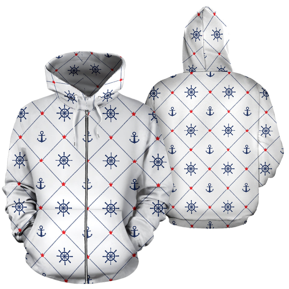Anchor Rudder Nautical Design Pattern Zip Up Hoodie