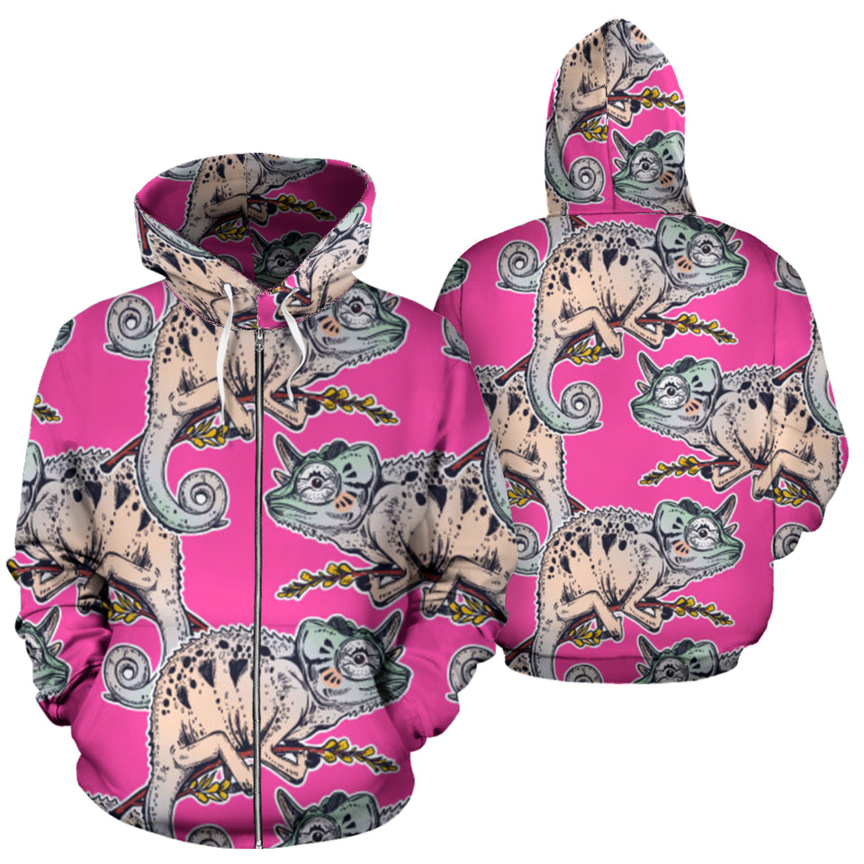 Chameleon Lizard Pattern Pink Background Zip Up Hoodie