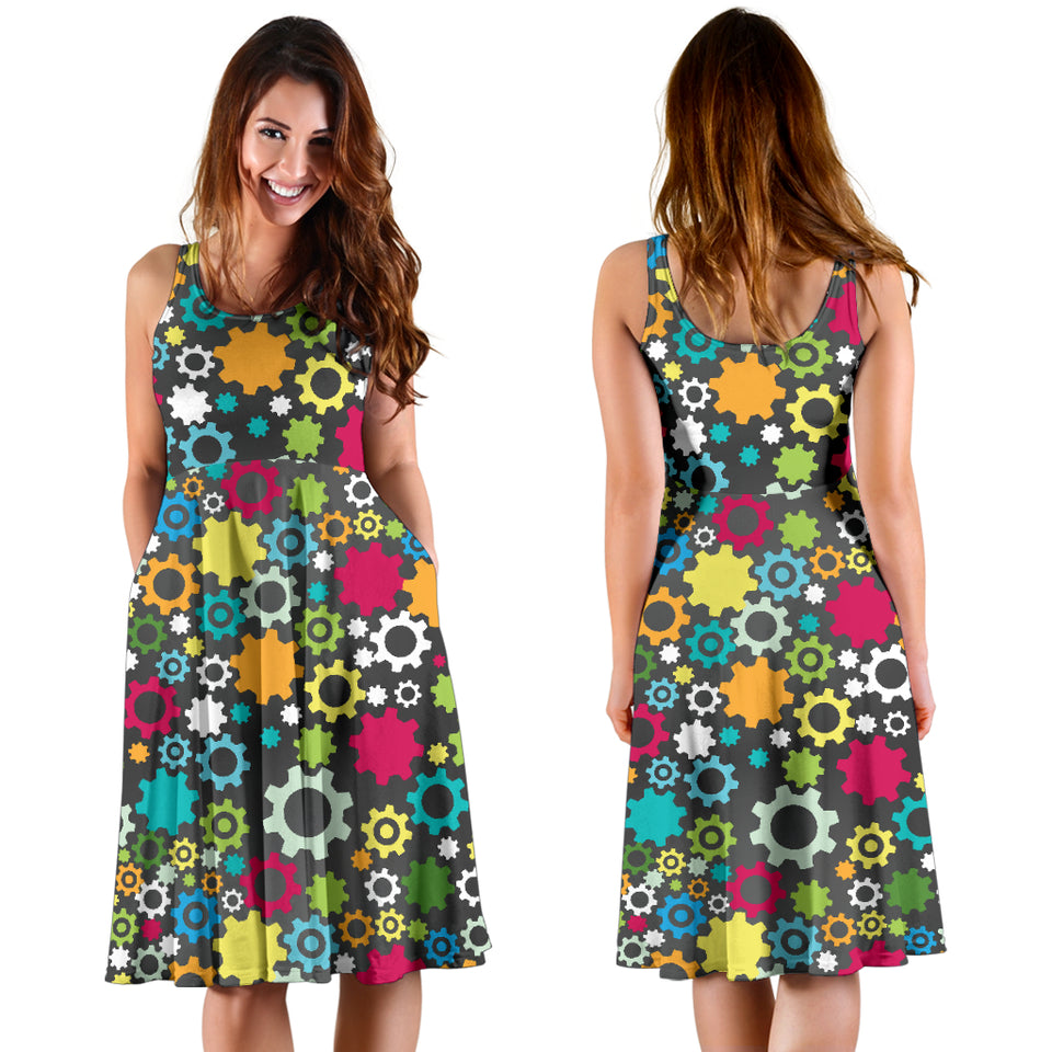 Gear Pattern Print Design 03 Sleeveless Midi Dress