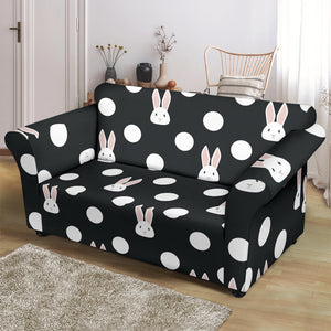 Cute White Rabbit Polka Dots Black Background Loveseat Couch Slipcover