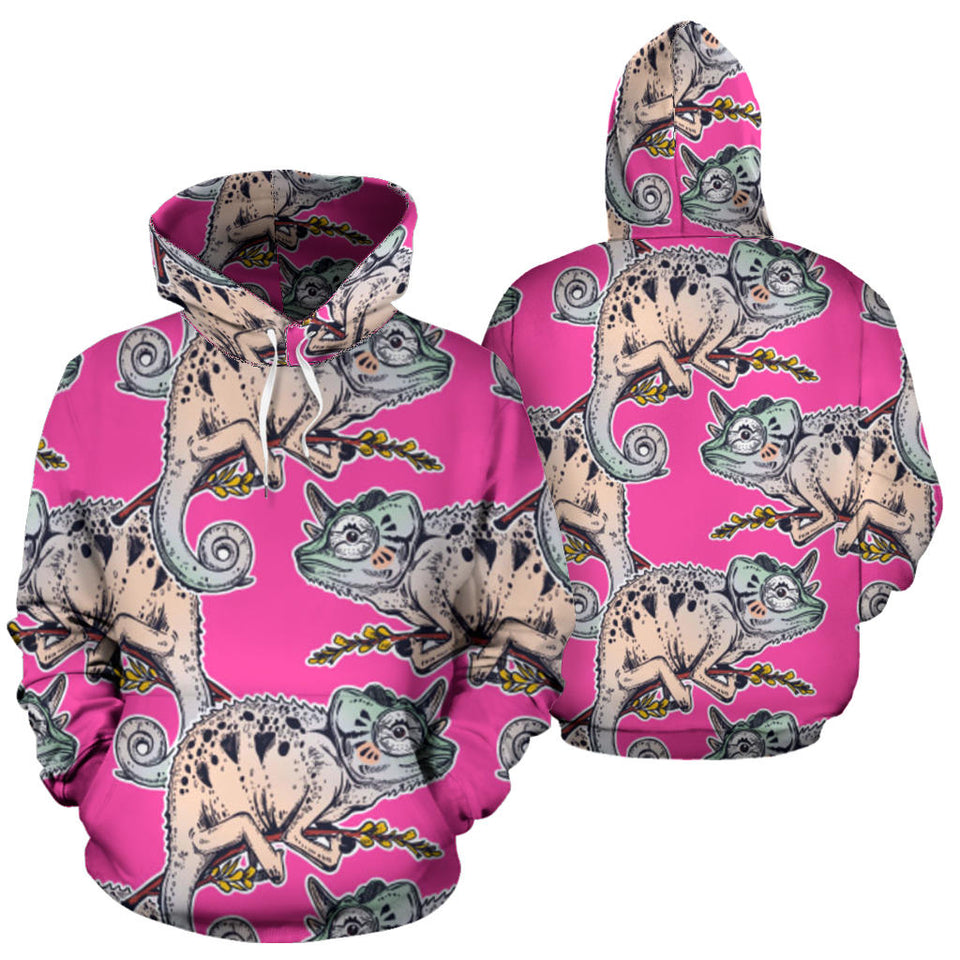 Chameleon Lizard Pattern Pink Background Men Women Pullover Hoodie