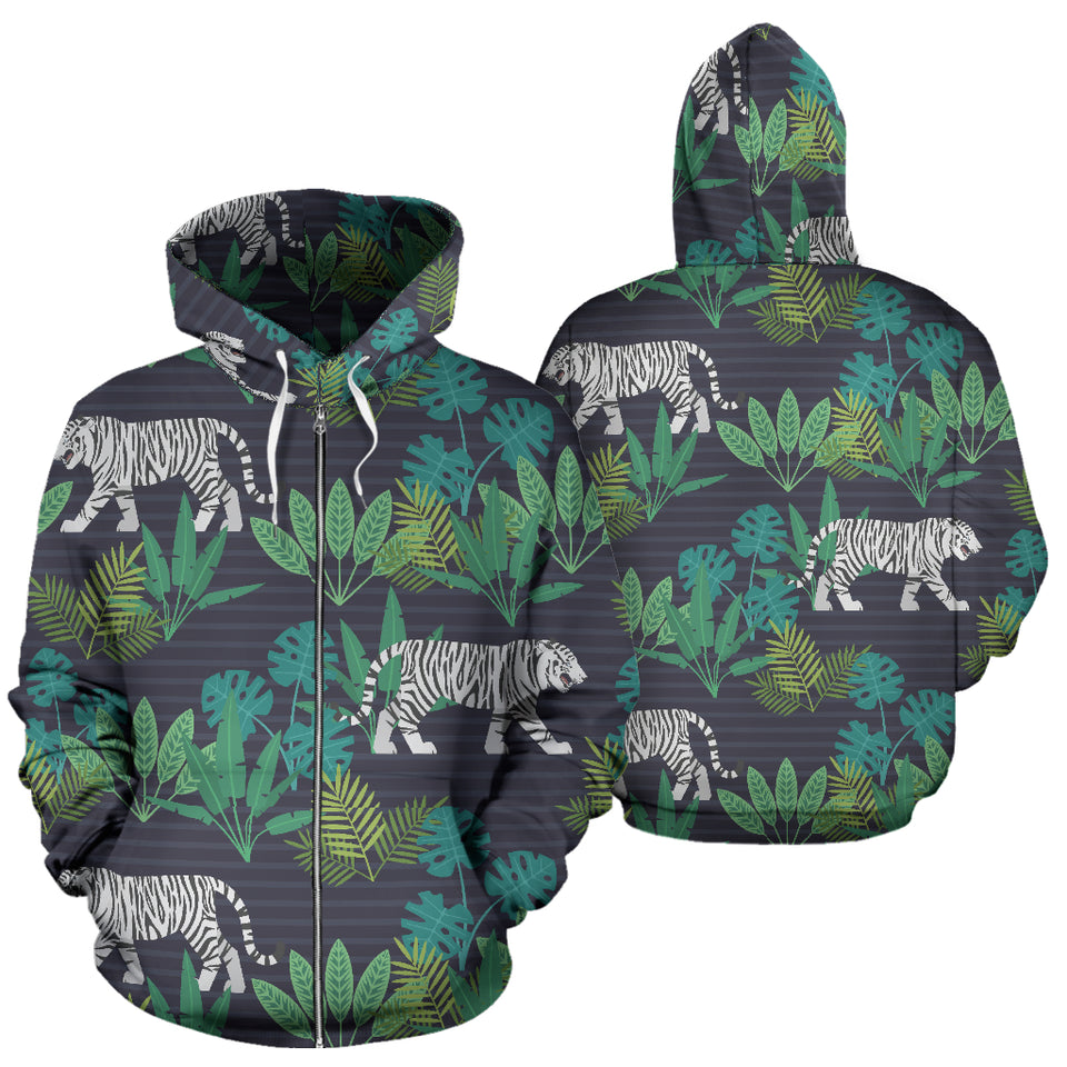 White Bengal Tigers Tropical Plant Zip Up Hoodie