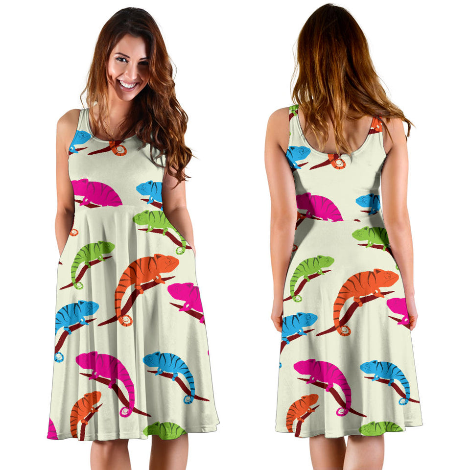Colorful Chameleon Lizard Pattern Sleeveless Midi Dress