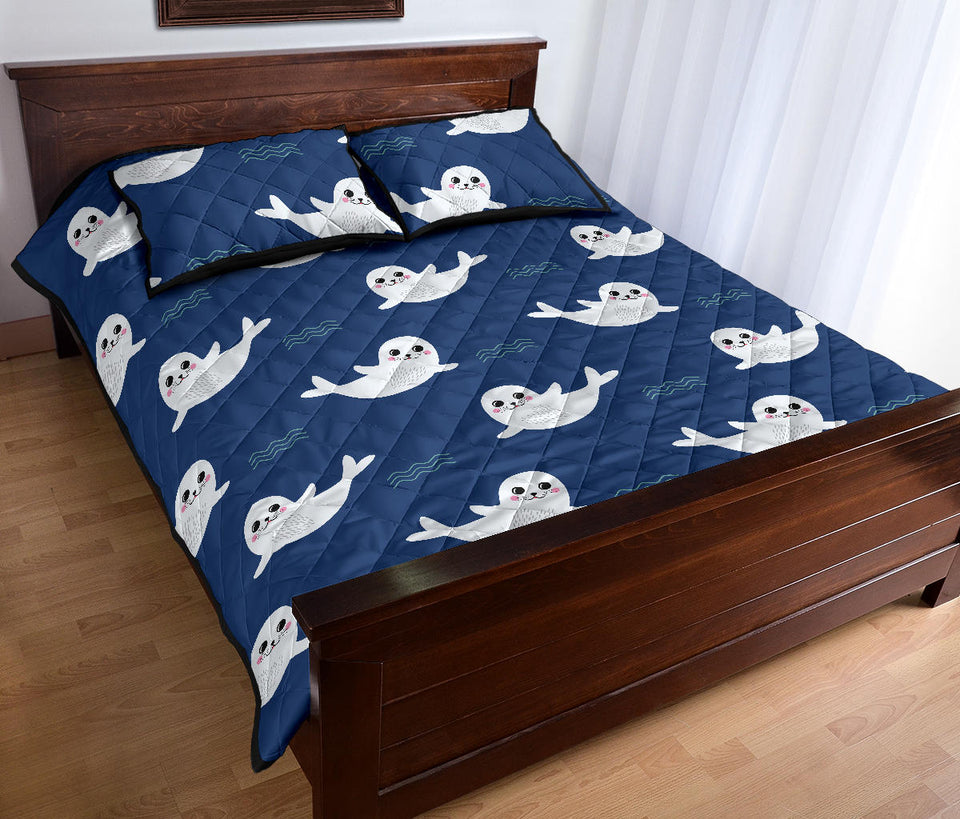 Cute white baby sea lion seal pattern Quilt Bed Set