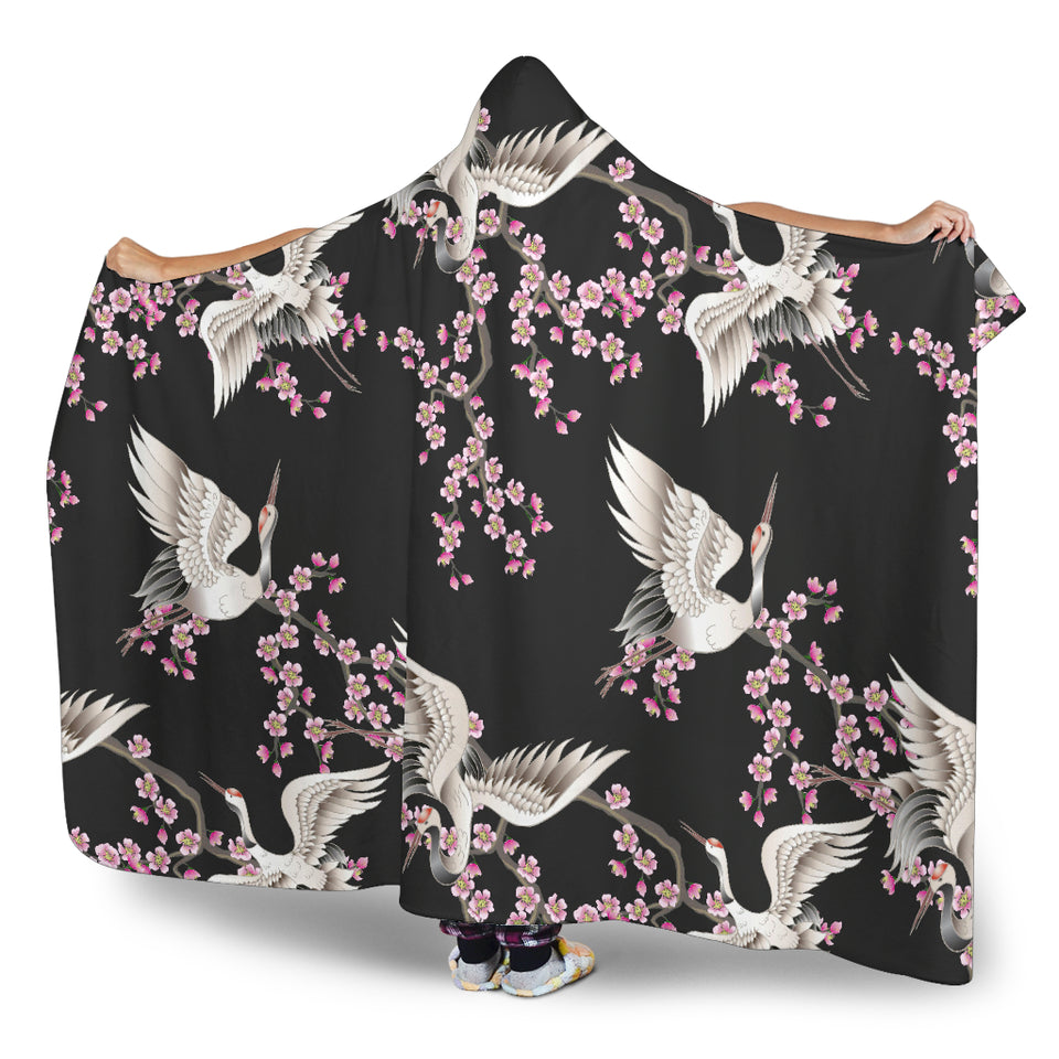 Japanese Crane Pink Sakura Pattern Hooded Blanket