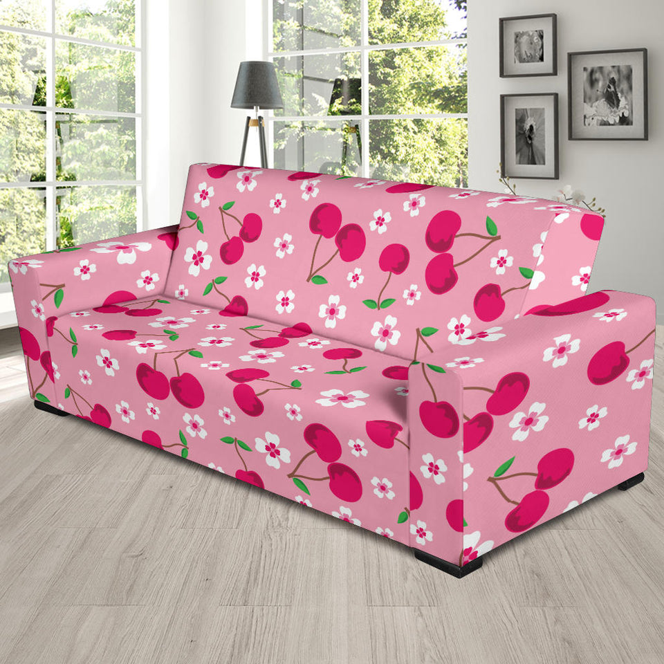 Cherry Flower Pattern Pink Background Sofa Slipcover