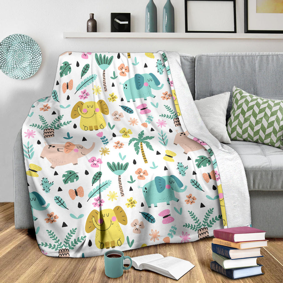 Cute Elephants Palm Tree Flower Butterfly Pattern Premium Blanket