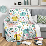 Cute Elephants Palm Tree Flower Butterfly Pattern Premium Blanket