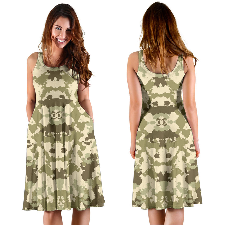 Light Green Camo Camouflage Pattern Sleeveless Midi Dress