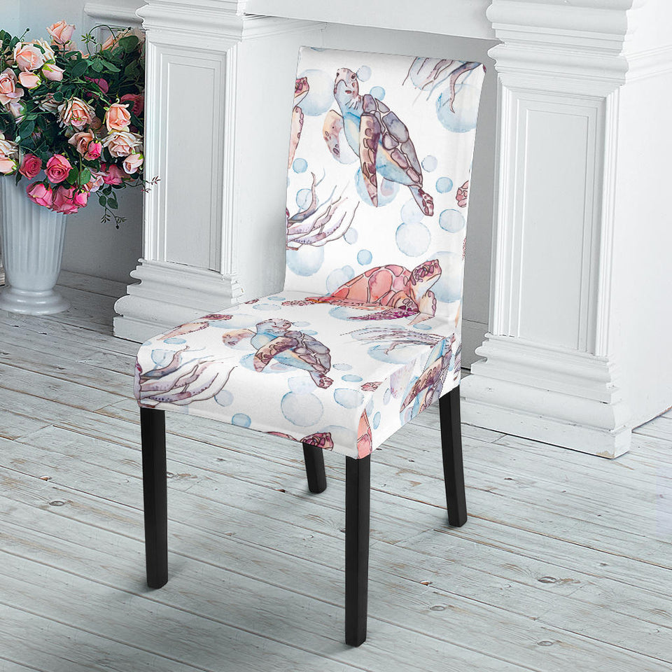 Watercolor Sea Turtle Jellyfish Pattern Dining Chair Slipcover
