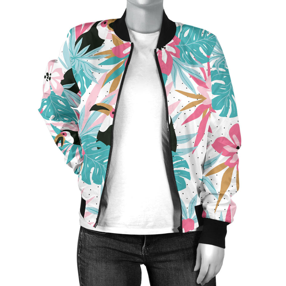 Toucan Tropical Flower Leave Pattern Women'S Bomber Jacket