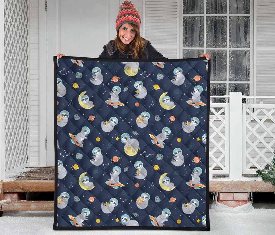 Cute Sloth Astronaut Star Planet Rocket Pattern Premium Quilt