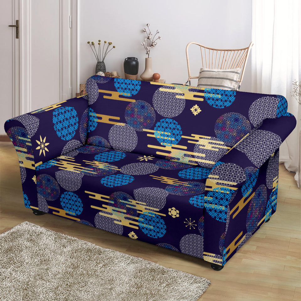 Blue Japanese Pattern Cloud Wave Flower Loveseat Couch Slipcover