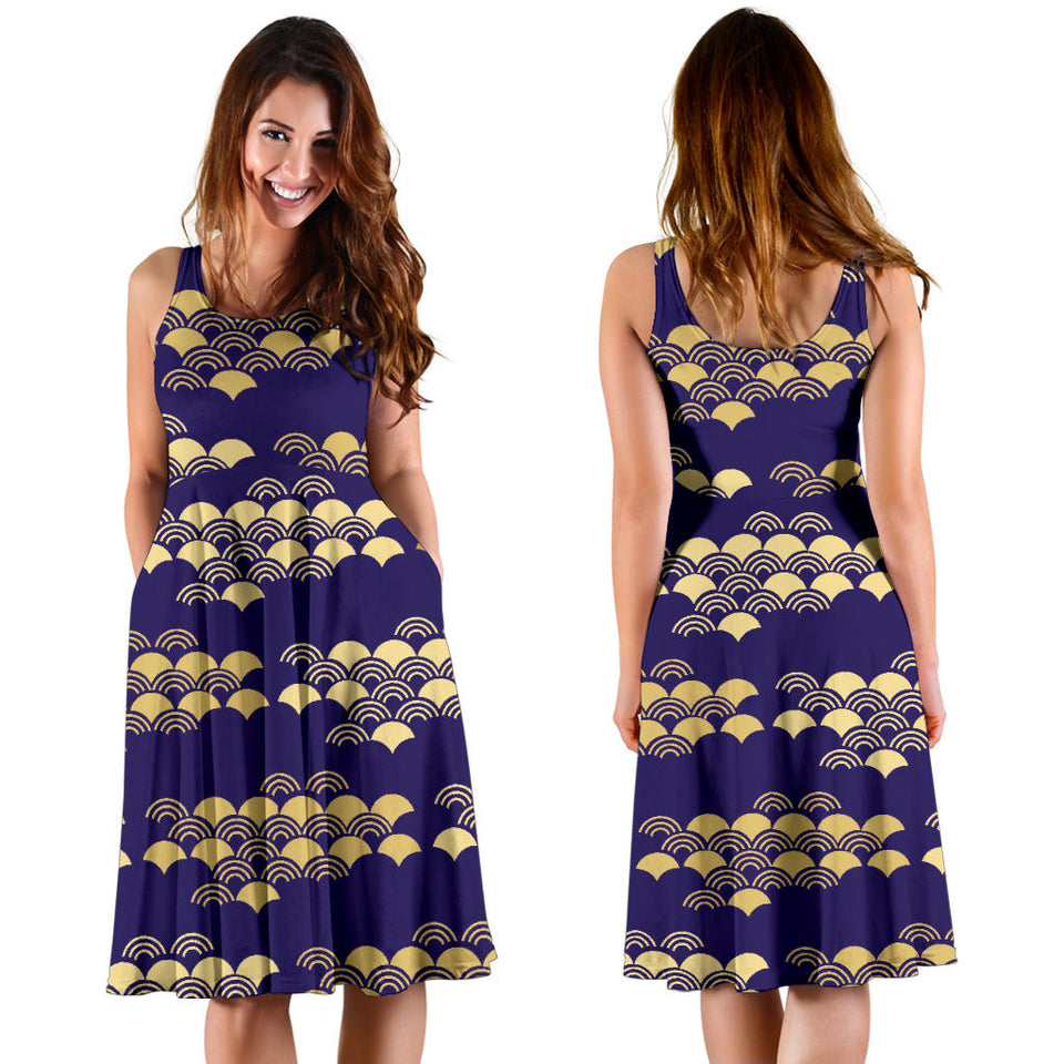 Beautiful Japanese Fan Pattern Sleeveless Midi Dress