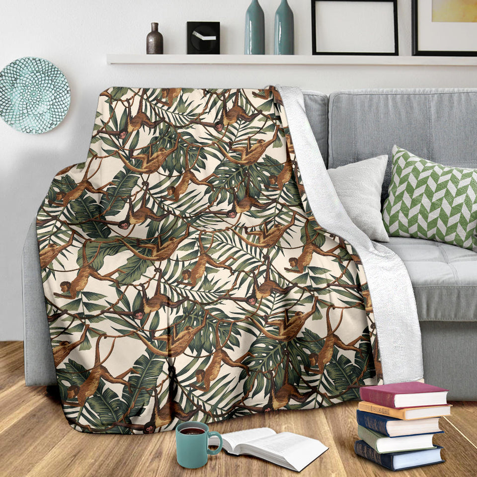 Monkey Tropical Leaves Background Premium Blanket