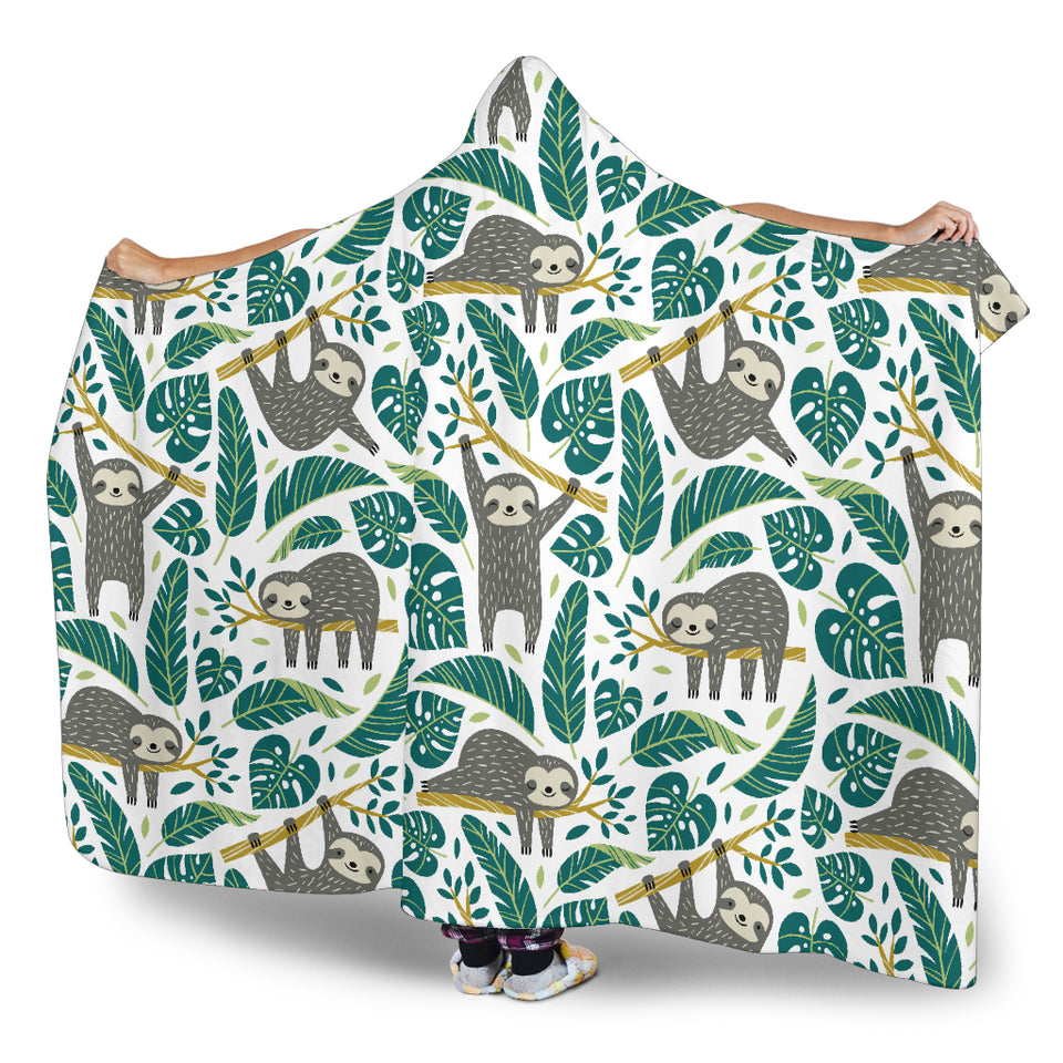 Cute Sloths Tropical Palm Leaves White Background Hooded Blanket