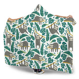 Cute Sloths Tropical Palm Leaves White Background Hooded Blanket