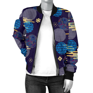 Blue Japanese Pattern Cloud Wave Flower Women'S Bomber Jacket