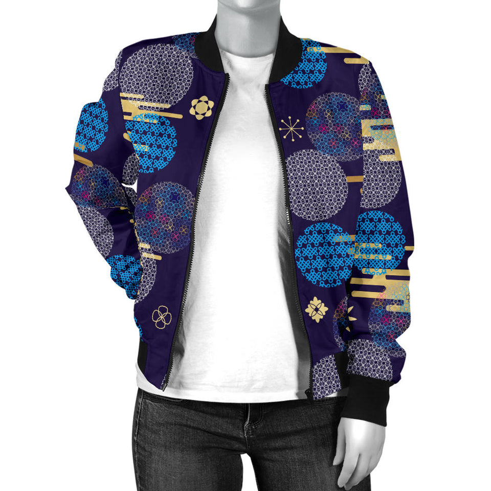 Blue Japanese Pattern Cloud Wave Flower Women'S Bomber Jacket